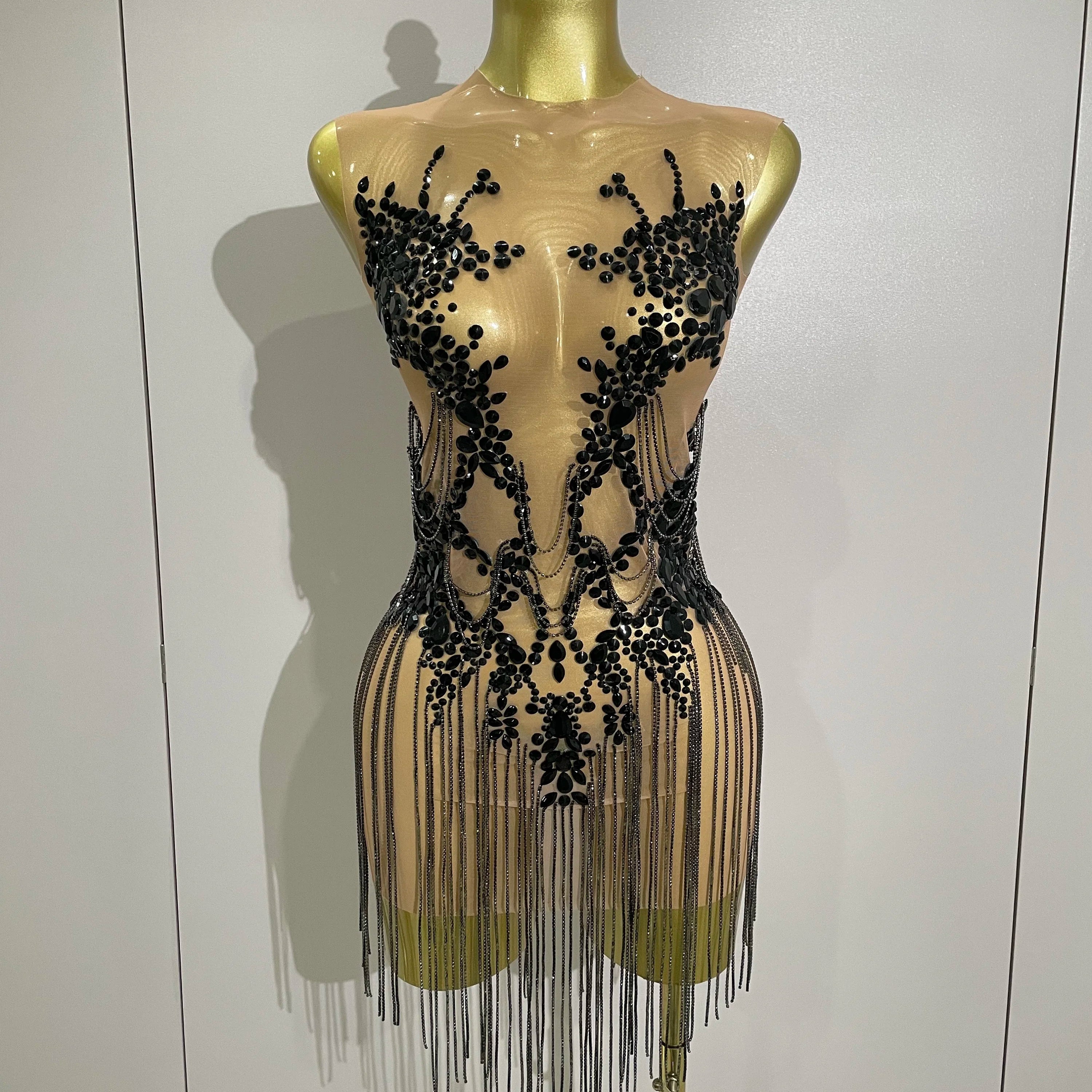 Luxury Sparkly Rhinestones Chain Sleeveless Mini Dress 2025 Women Sexy Performance Dance Nightclub Outfit Birthday Party Dress black