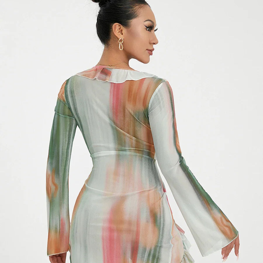 Women Mini Dress Long Sleeve Lacing Tie-dye Print Patchwork Slit Bodycon Dress for Club Party