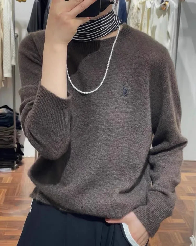 Women's Fashion Spring and Autumn Cashmere Embroidered Pullover O-neck New Soft and Comfortable Casual Long Sleeve Embroide dark coffee