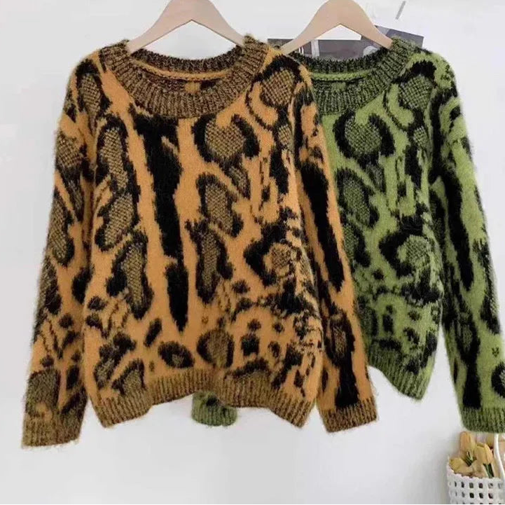 Autumn Winter New Leopard Print Round Neck Pullover Sweater For Women Elegant Knitted Tops Female Trendy 11A07744