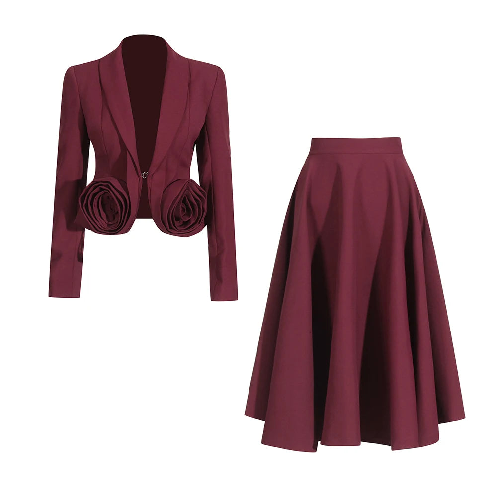 Elegant Two Piece Set For Women Shawl Collar Long Sleeve Spliced Appliques Top High Waist A Line Skirt Slim Sets SET