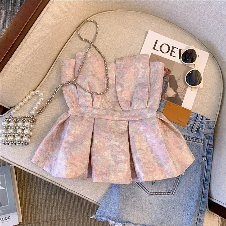 Women Pink Crop Top Vest Y2k Sleeveless Off Shoulder Tank Tops Vintage Fashion Off Shoulder Summer Kawaii Camisole Clothes 2024