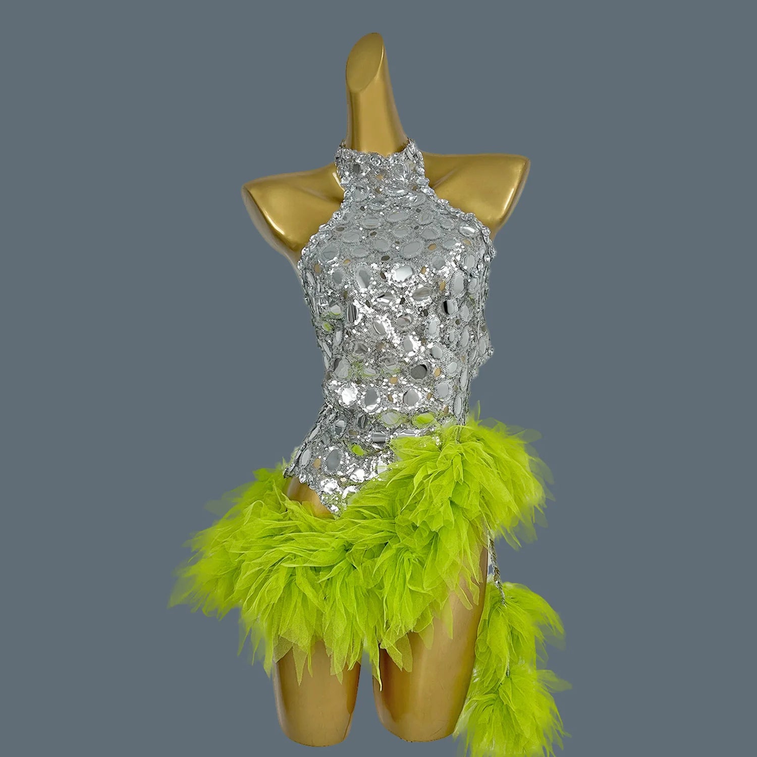 Mesh Performance Costume Bar Dancer Night Club Bodysuit Stage Wear Sparkly Green Fade Mirrors Women Sexy BodyconLeotard Yuanjing green One Size