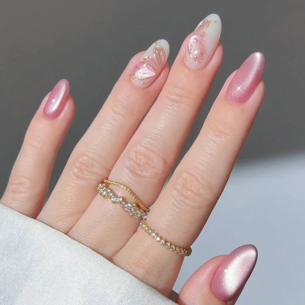 24pcs/set Medium fake nails for women girls 3D embossed flowers fruit shell rhinestones design Almond tips press on false nail 2734