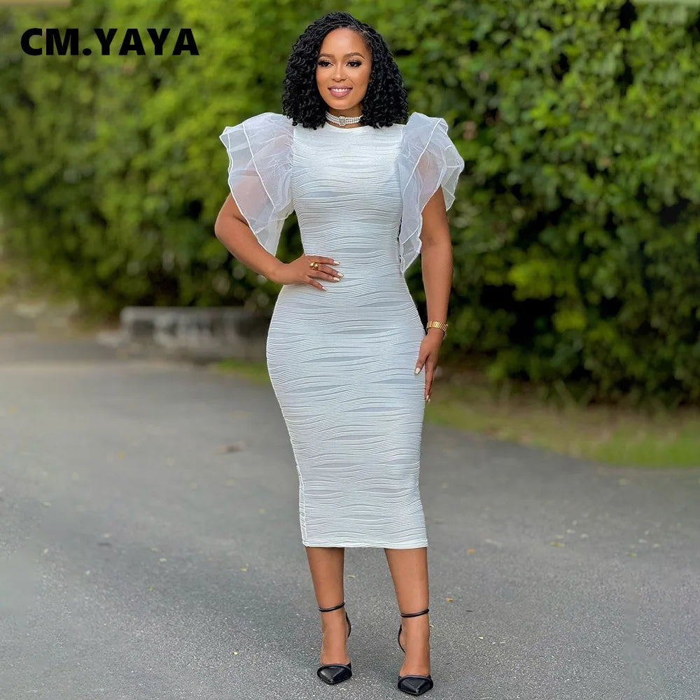 CM.YAYA Women Ruffles Short Sleeve O-neck Striped Knee Length Dress Street Vestidos Sexy Night Club Party Evening Chic Dresses