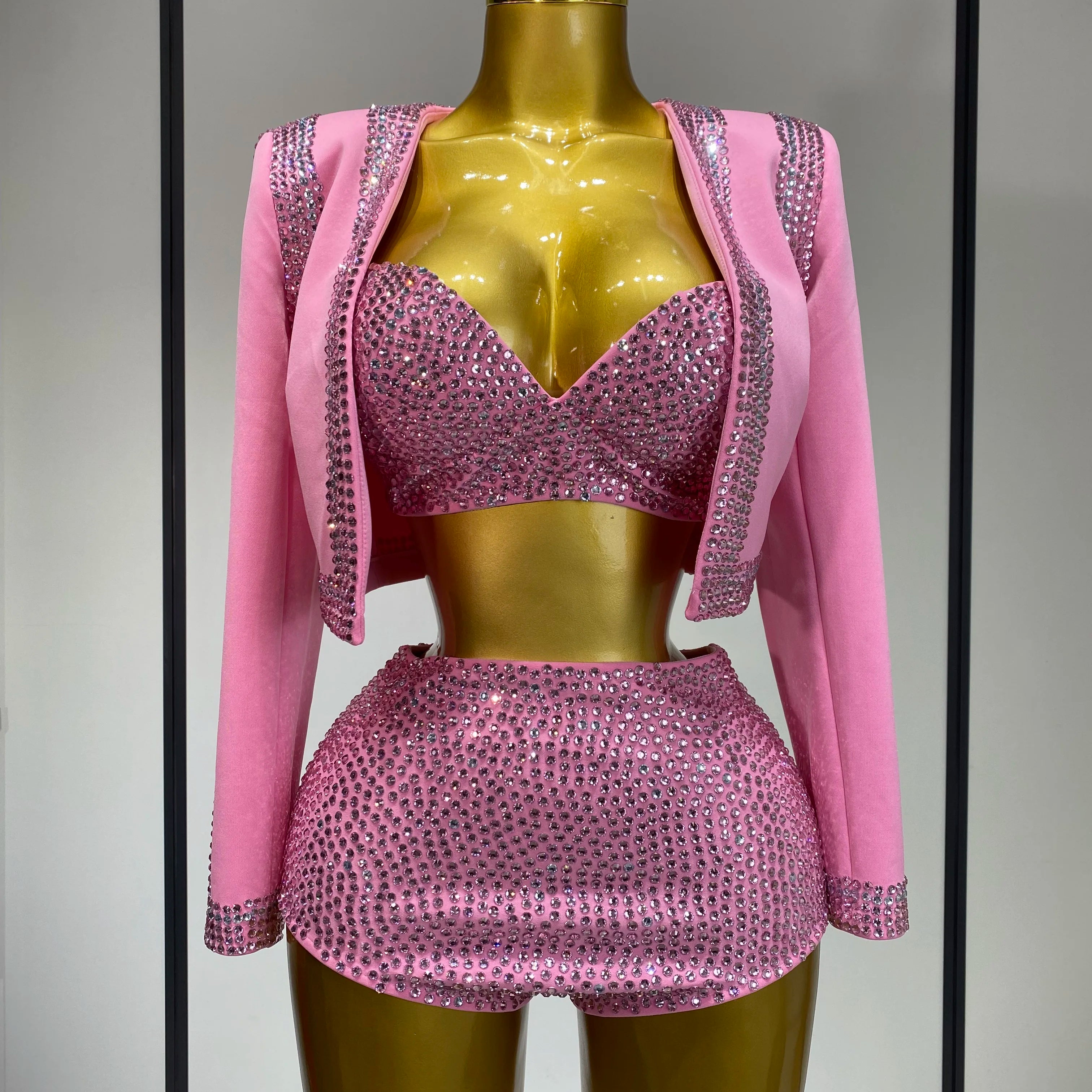 Luxury Rhinestone Jacket Bra Top And Matching Shorts Set 3 Pieces Outfits Women Sexy Sparkle Nightclub Singer Stage Outfit Pink