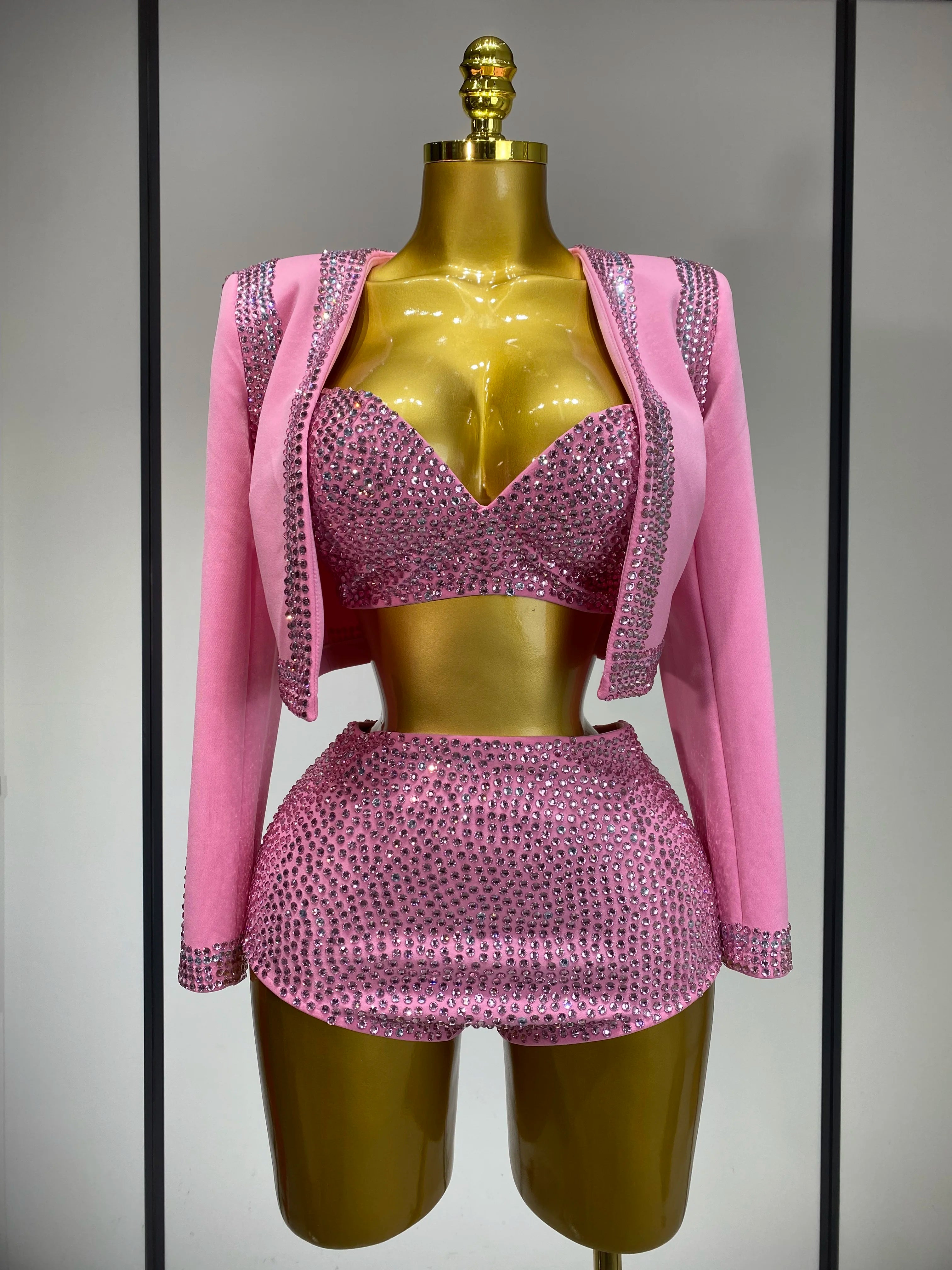 Luxury Rhinestone Jacket Bra Top And Matching Shorts Set 3 Pieces Outfits Women Sexy Sparkle Nightclub Singer Stage Outfit Pink
