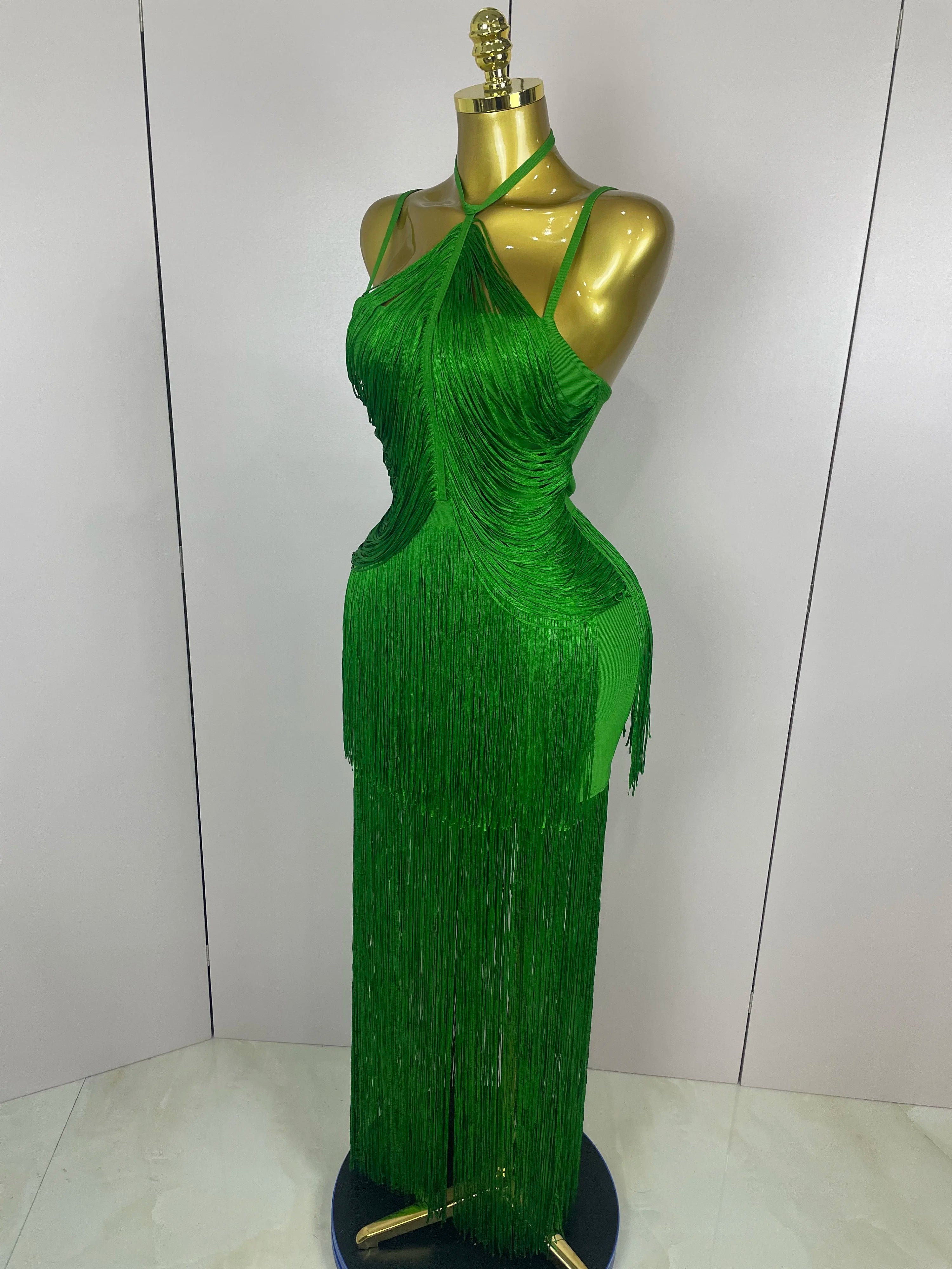 Sexy Backless Green Tassel Ankle Bodycon Bandage Dress 2025 Women Celebrity Elegant Evening Club Luxury Birthday Party Outfit