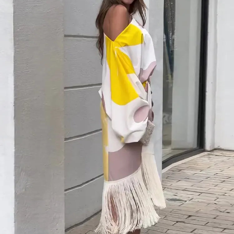 Women Tassel Skirt Suit Loose Off Shoulder 2 Pieces Sets Party Club Spring Summer Lady Street Casual Outfit NEW