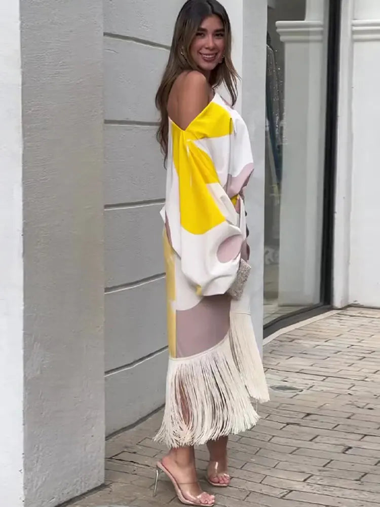 Women Tassel Skirt Suit Loose Off Shoulder 2 Pieces Sets Party Club Spring Summer Lady Street Casual Outfit NEW