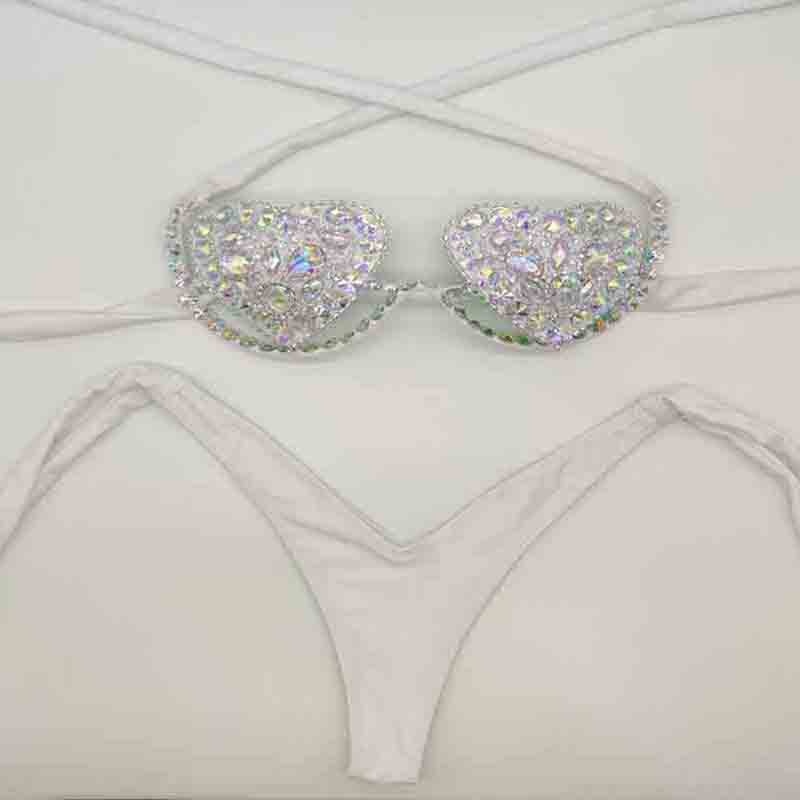 Rhinestone Bikini Sexy Women Swimwear 2024 Newest Push Up Female Swimsuit Manual Crystal Diamond Bathing Suit White