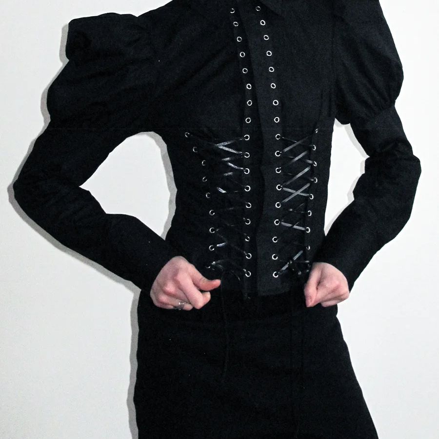 Solid Slimming Spliced Lace Up Elegant Blouses for Women Lapel Long Sleeves Patchwork Folds Top Female Clothing New BLACK