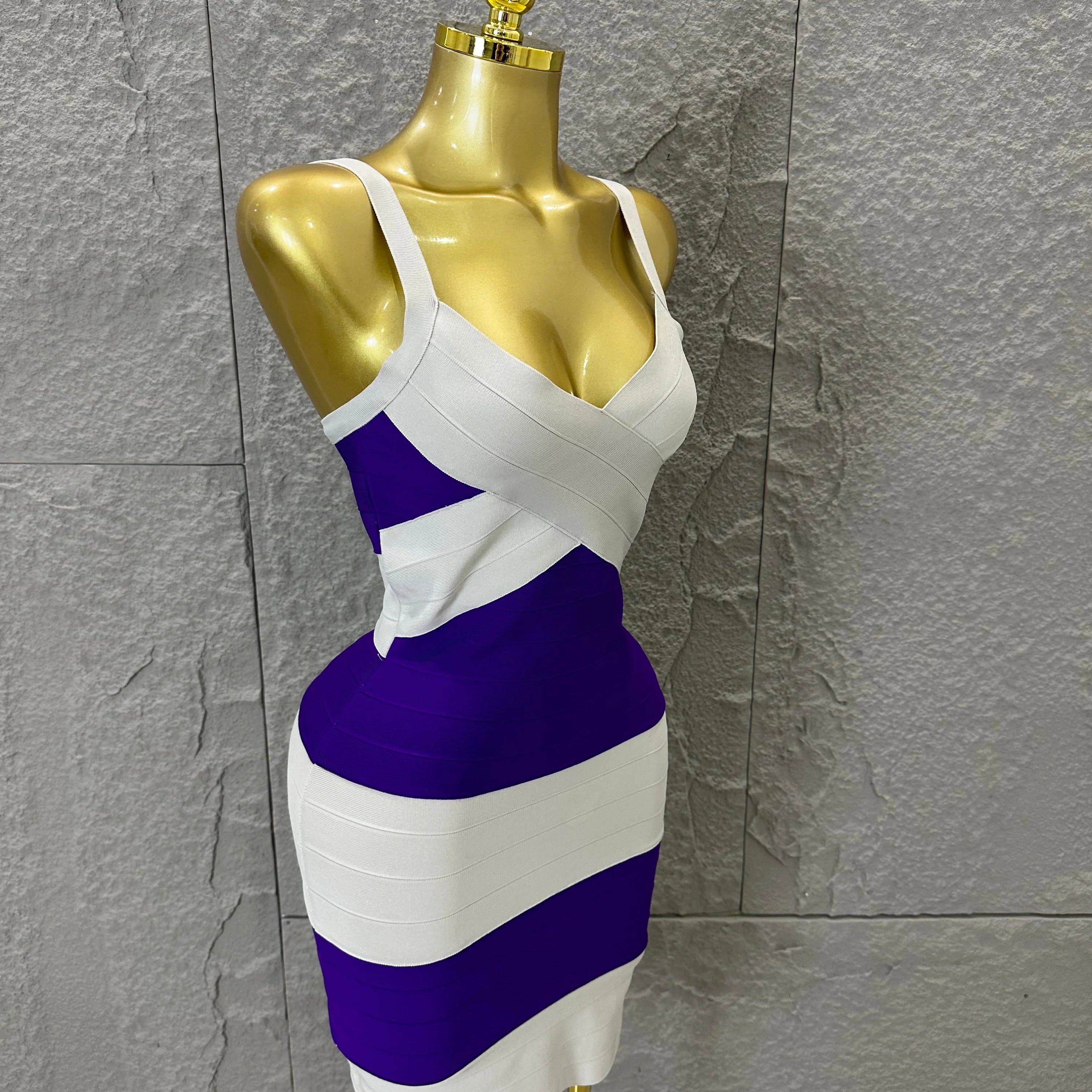 Chic Purple White Striped Bandage Dress Women Sleeveless Sweetheart Neck Bodycon Formal Office Casual Event Wear