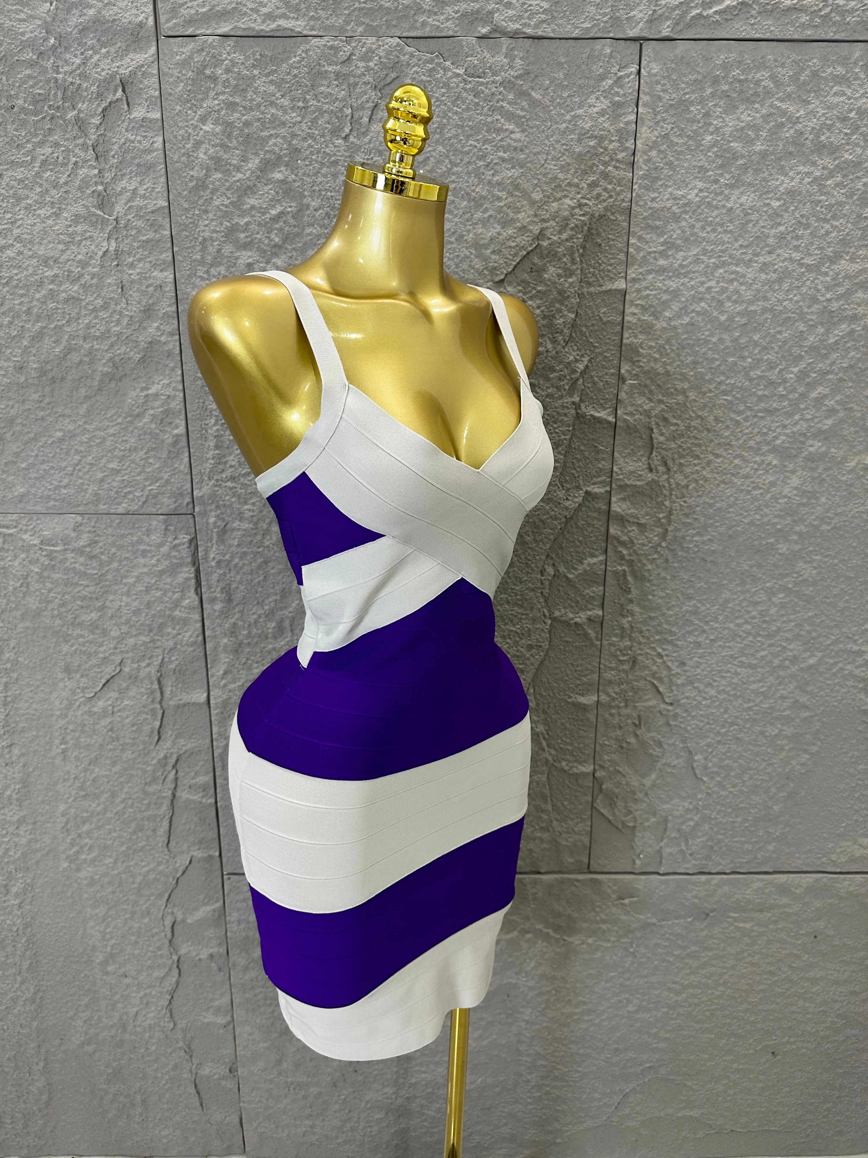 Chic Purple White Striped Bandage Dress Women Sleeveless Sweetheart Neck Bodycon Formal Office Casual Event Wear