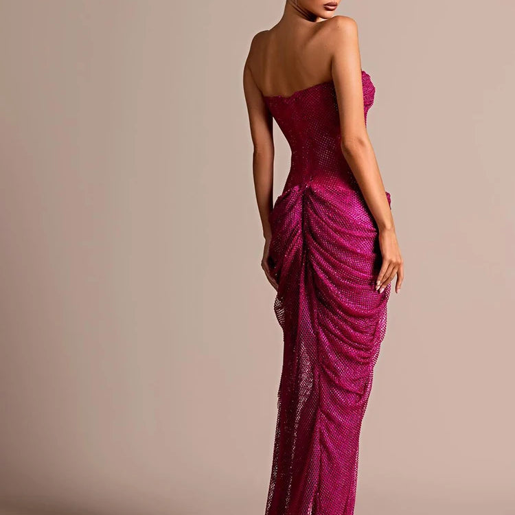 Hot Pink Strapless Sleeveless V-Neck Dress with Slit for Parties Evening Gown