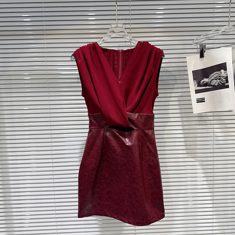 Winter New Fashion V-neck Twist Spliced PU Leather Design Vest Dresses For Women Evening Party Slim Fit Dress 11A07738 Wine