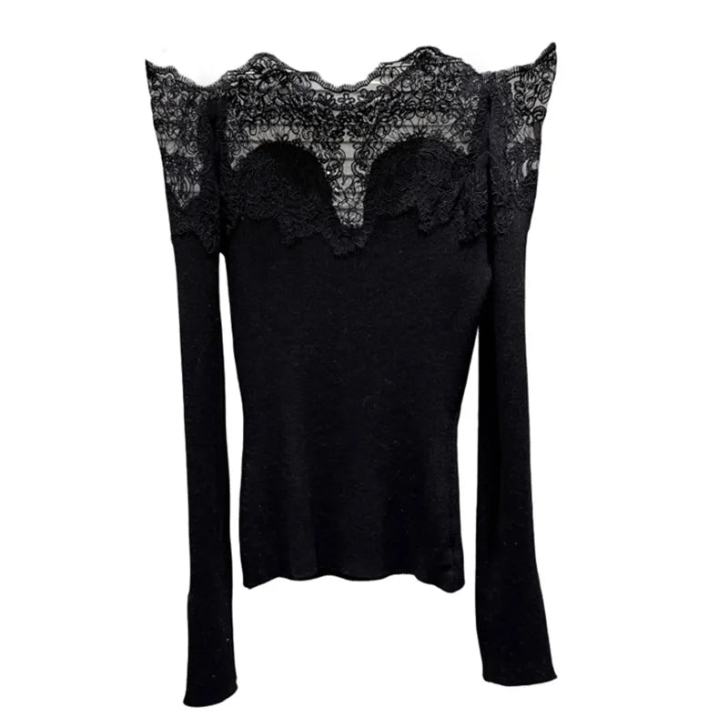 Winter New Fashion Lace Collar Off-Shoulder Knitted Sweater For Women Versatile Slim Fit Pullover Female 11A07773