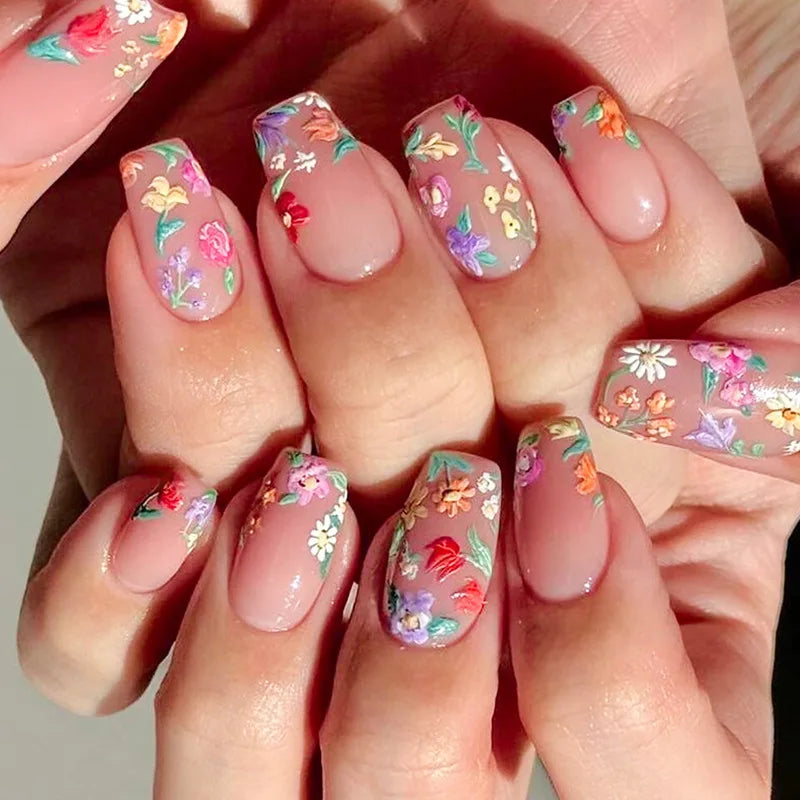 24Pcs Colorful Flowers Design Fake Nails Mid-length Ballet Press on Nails 3D Fashion Manicure Art Wearable Square False Nails 10-66