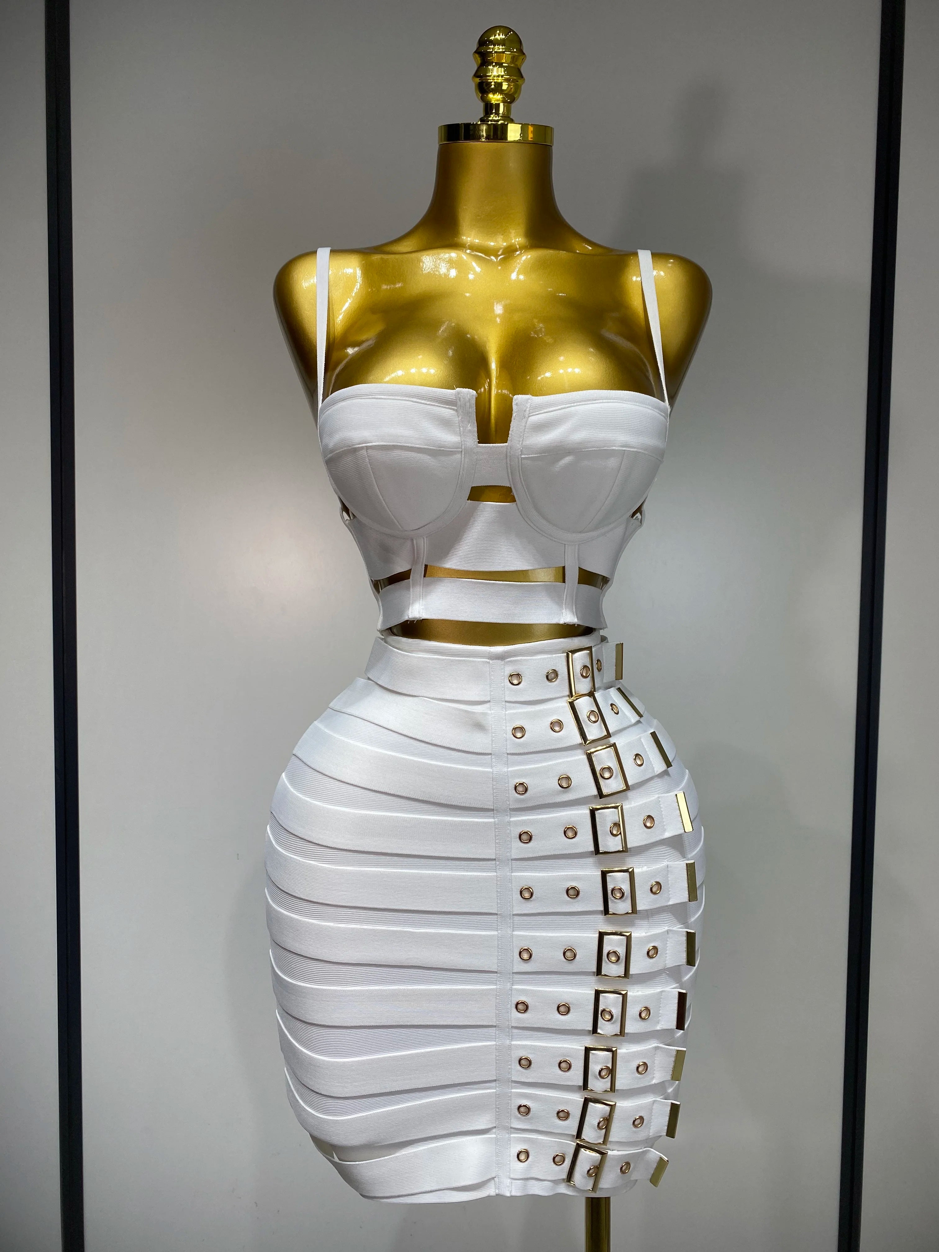 Women Sexy Cut Out Mini Bodycon Bandage Skirt Two Piece Set 2025 Celebrity High Streeet Evening Birthday Club Party Outfits WHITE