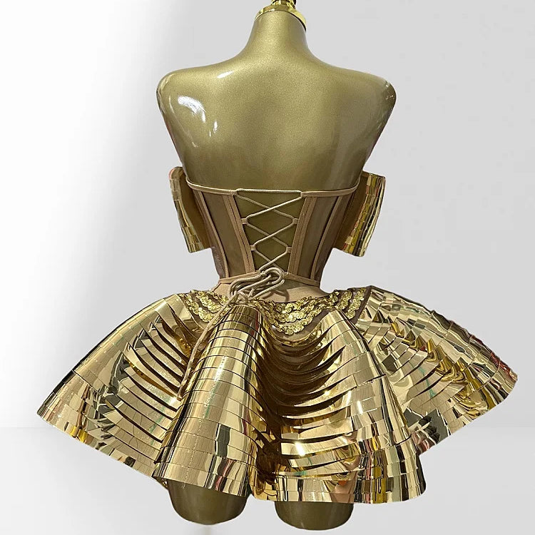 Mirror Surface Woman Party Set Stereoscopic Bows Strapless Tops And UFO Mini Skirt 2 Pieces Party Outfit Performance costume