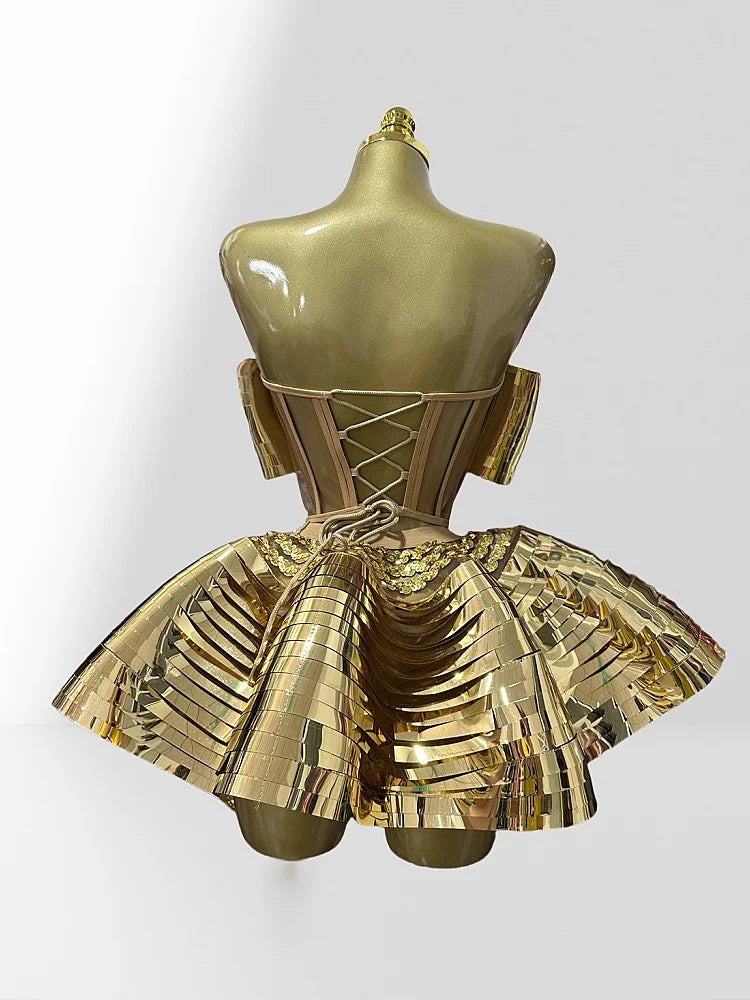 Mirror Surface Woman Party Set Stereoscopic Bows Strapless Tops And UFO Mini Skirt 2 Pieces Party Outfit Performance costume