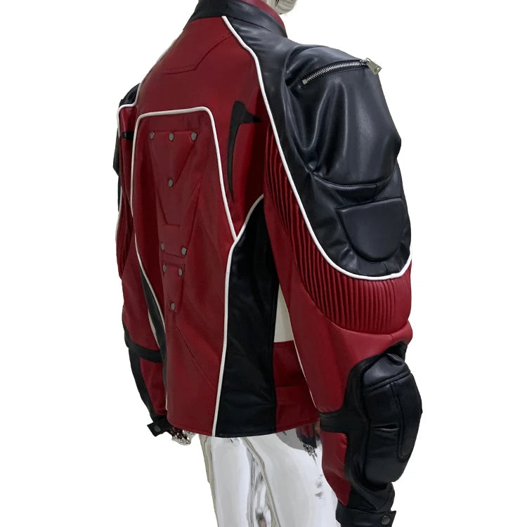 Mauroicardi Autumn Winter Cool Short Patchwork Pu Leather Racer Jacket Men Shoulder Pads Rivet Runway European Fashion Clothes