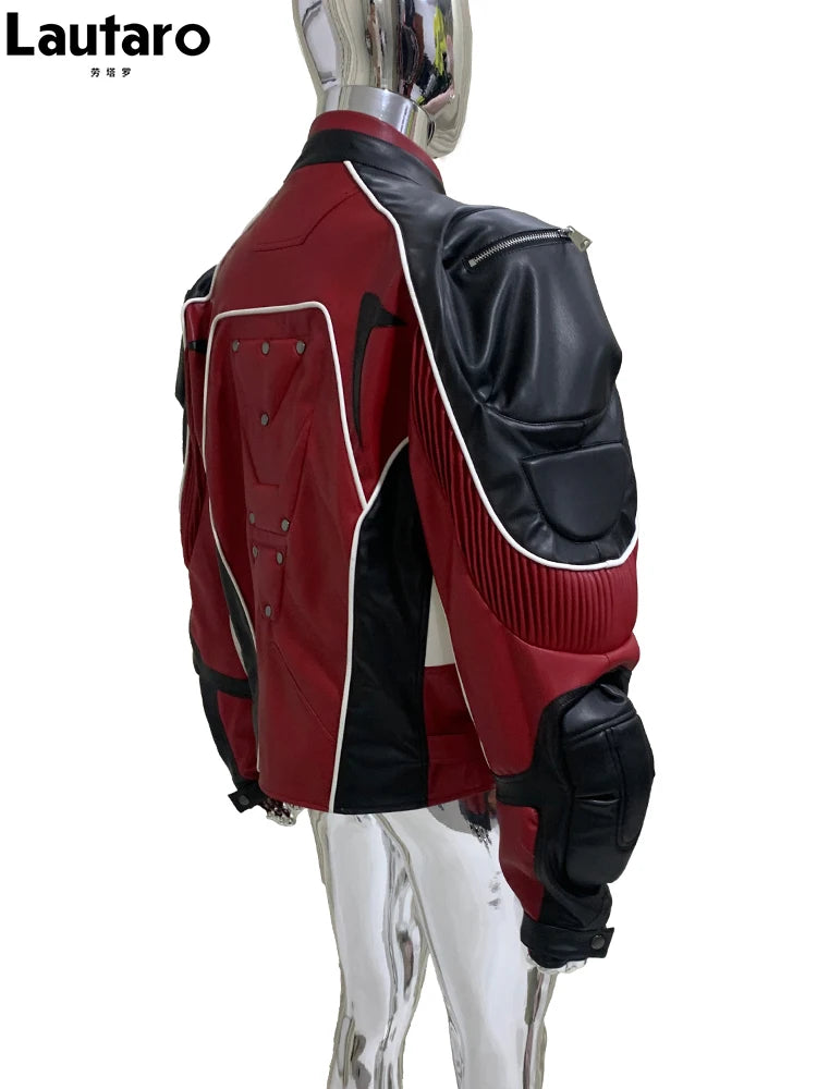 Mauroicardi Autumn Winter Cool Short Patchwork Pu Leather Racer Jacket Men Shoulder Pads Rivet Runway European Fashion Clothes