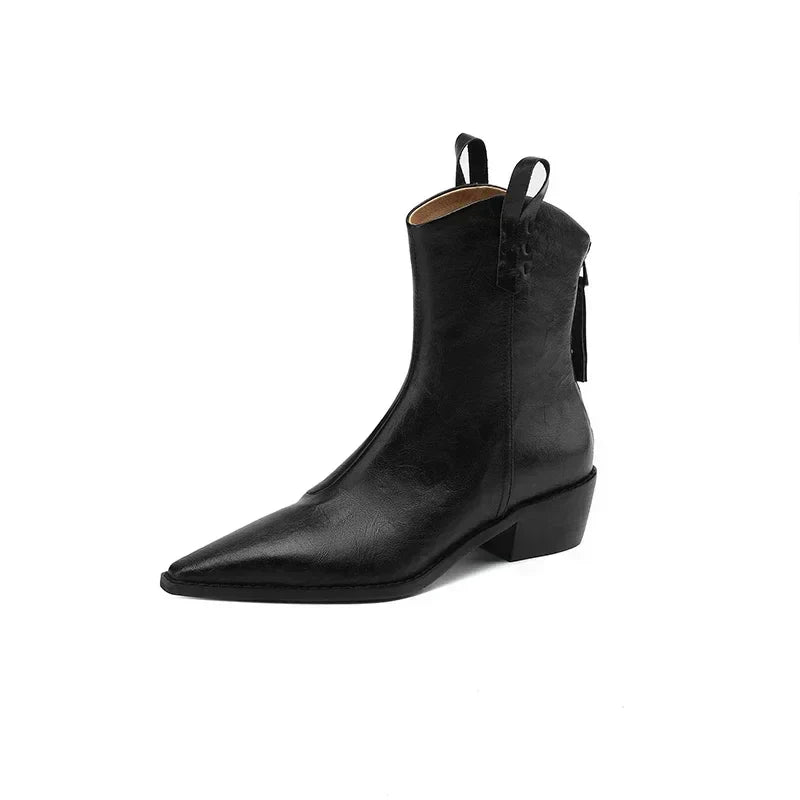 Autumn/winter Women Boots Genuine Leather Western Boots Women Shoes Pointed Toe Chunky Heel Chelsea Boots Retro Ankle Boots BLACK-without fleece