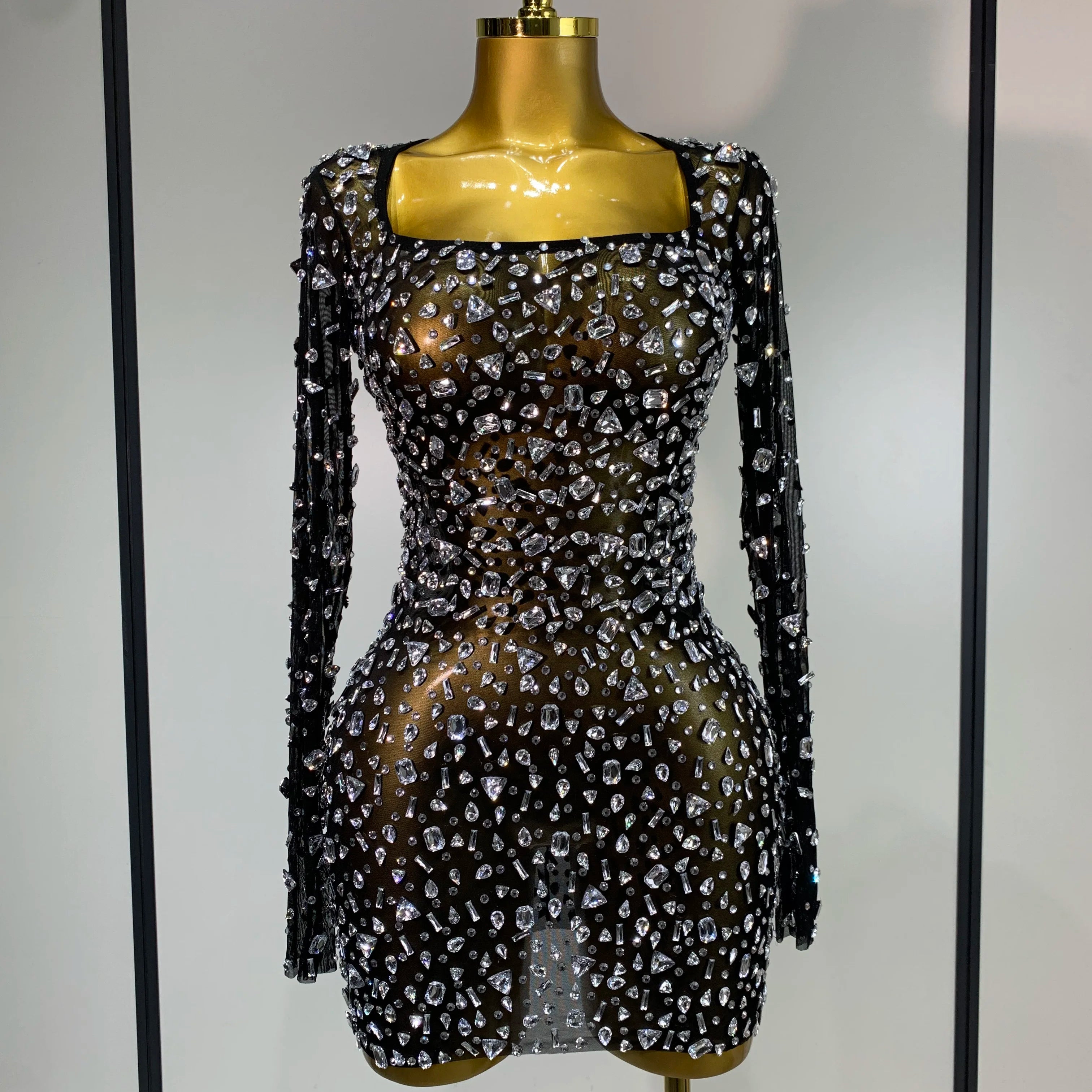Sparkly Rhinestone Sexy Transparent Mini Dress Celebrity Evening Party Prom Birthday Photo Shoot Nightclub Stage Costume black