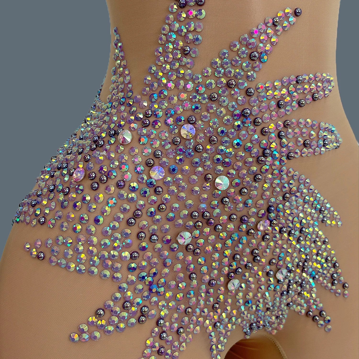 Sexy Transparent Tight Jumpsuit Women High Street Purple Performance Dancer Costume Mesh Diamonds Show Stage Rompers Ziluolan