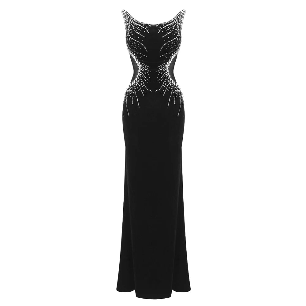 Strapless Crystal Black Maxi Long Gown Sparkling Diamond Hollow Tight Elegant Celebrity Party Evening Dress black