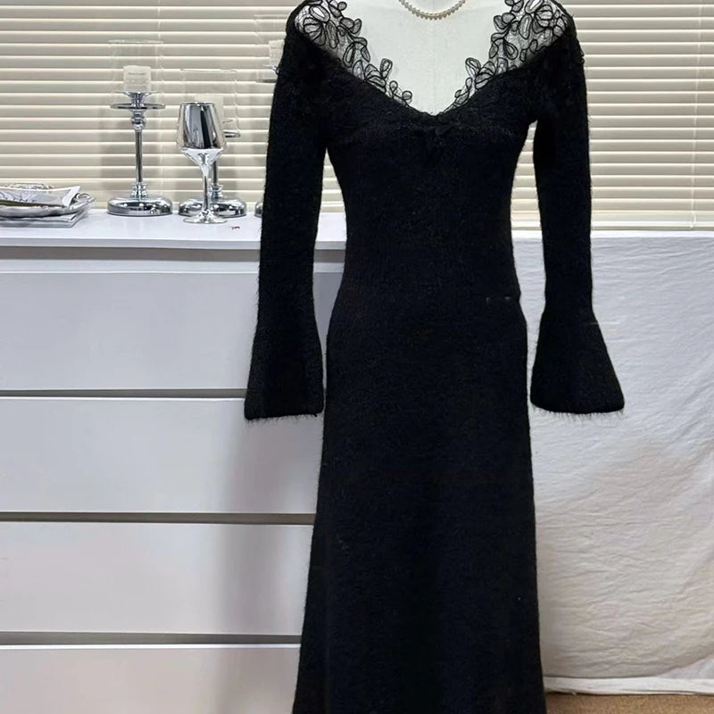 Autumn Winter New Elegant Style Lace V-neck Knitted Sweater Dresses For Women Evening Party Dress Female 11A07910