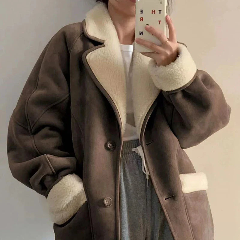 Lady Winter Woman's Fashion Thick Warm Faux Shearling Jacket Coat Vintage Long Sleeve Female Real Wool Outerwear Brown