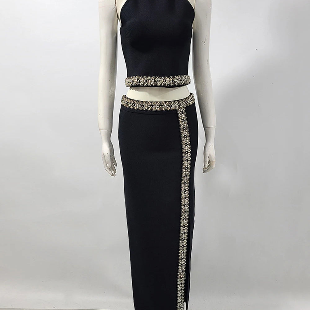 2025 Black Army Green Bandage Two Pieces Sets Sexy Diamond Bead Halter Top Long Skirt Women Bodycon Clothing Elegant Party Sets