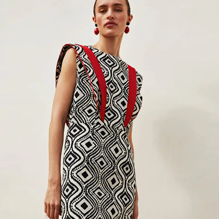 Women Elegant Printed Round Neck Long Dress Fashion Flying Sleeves High Waist Color Block Dresses Summer Vacation Street Robes