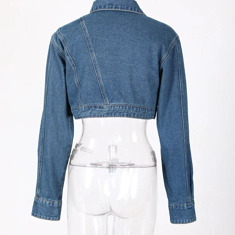 DEAT Fashion Women's Denim Jackets Lapel Retro Deconstruction Asymmetry Zipper Long Sleeve Short Coat Winter New 29L1194