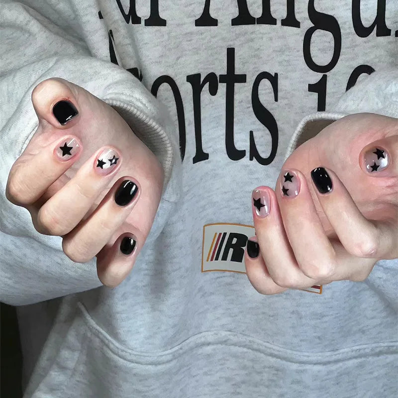 24Pcs Dark Black Stars Cat's Eye Press on Nails Set Summer Cute Wearing Short Fake Nail Patch Detachable Finished Nail Tips Art 4