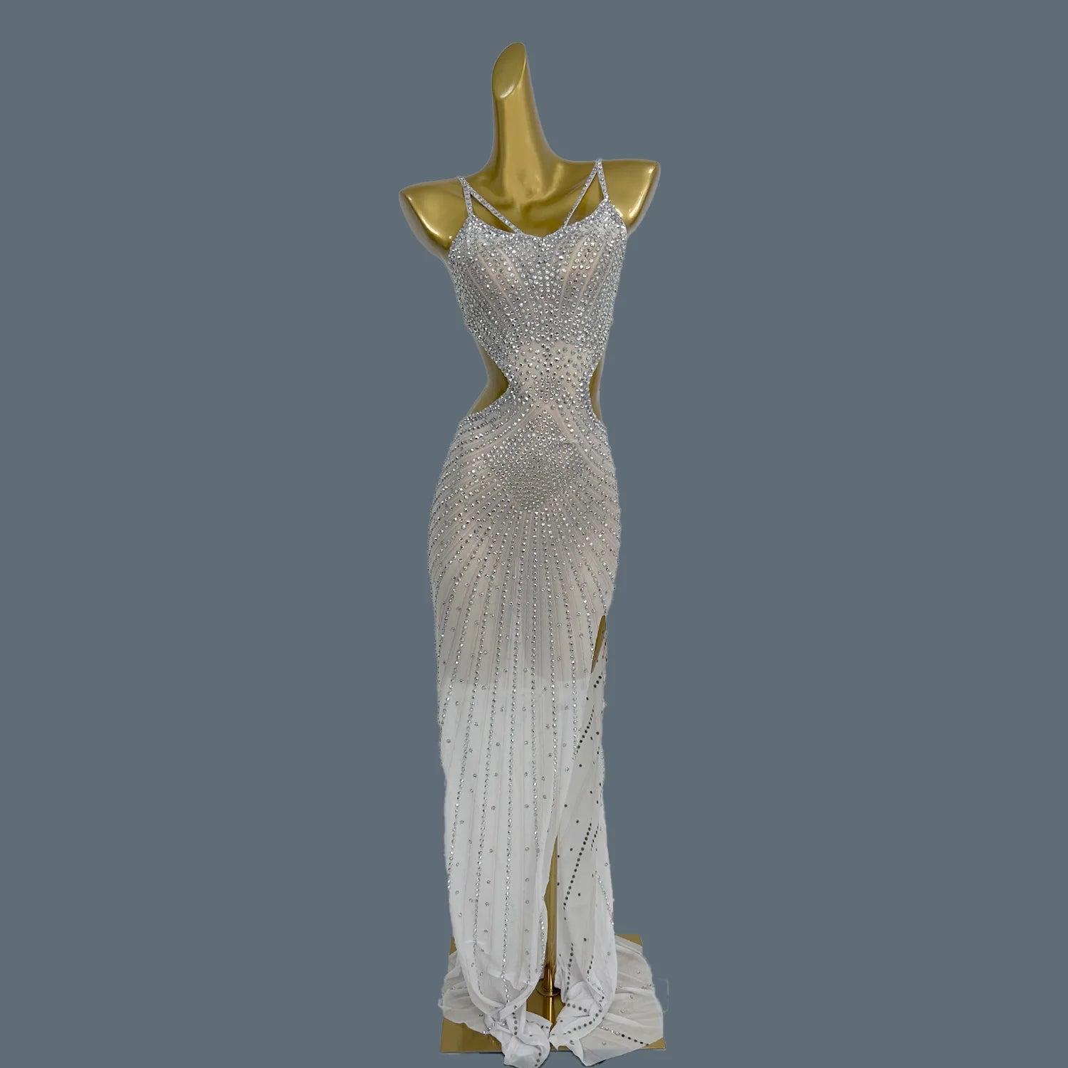 Sparkly Rhinestone Long Dress Women Sexy Mesh Birthday Celebrate Evening Dress Party Photo Shoot Wear Performance Costume Xigua WHITE One Size