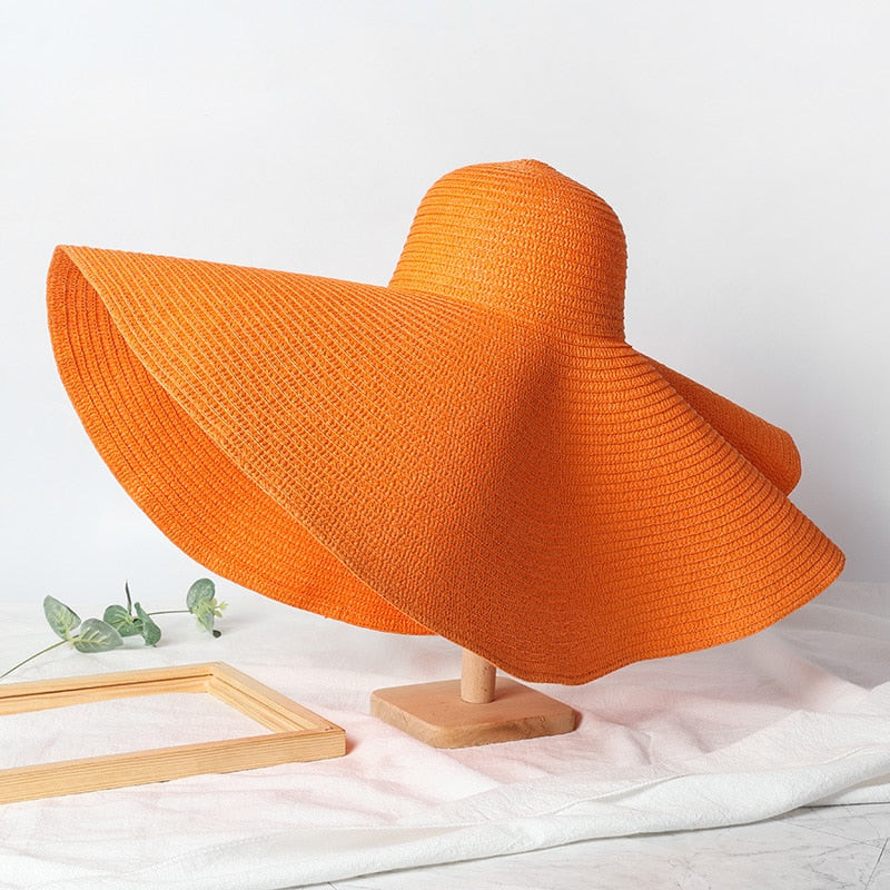 Summer 70cm Large Wide Brim Sun Hats For Women Oversized Beach Hat Foldable Travel Straw Hat Lady UV Protection Sun Shade Hat orange 54-57cm