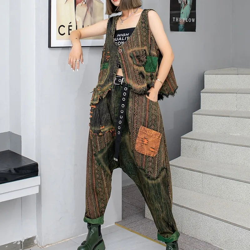 Spring Summer New Trendy Cool Personality Distressed Printed Denim Vest + Hanging Crotch Pants Two-piece Set Women LX255 color One Size