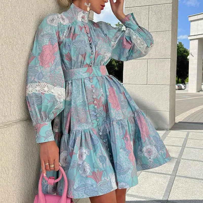 Women Long Sleeve Stand Collar Shirt Dress Spring Autumn Printed Short Dresses Elegant High Waist Party Dresses Vestidos Green