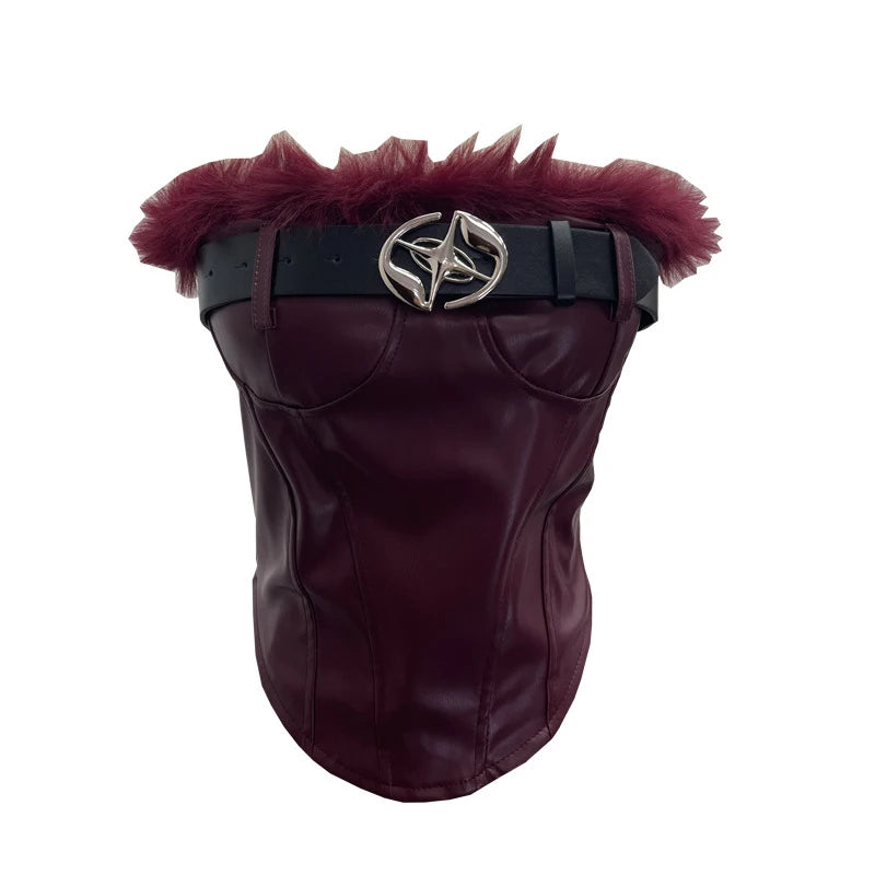 Winter New Fashion Furry Patchwork PU Leather Belt Tank Top Vest For Women Chest Pads Backless Short Tops 11A07915