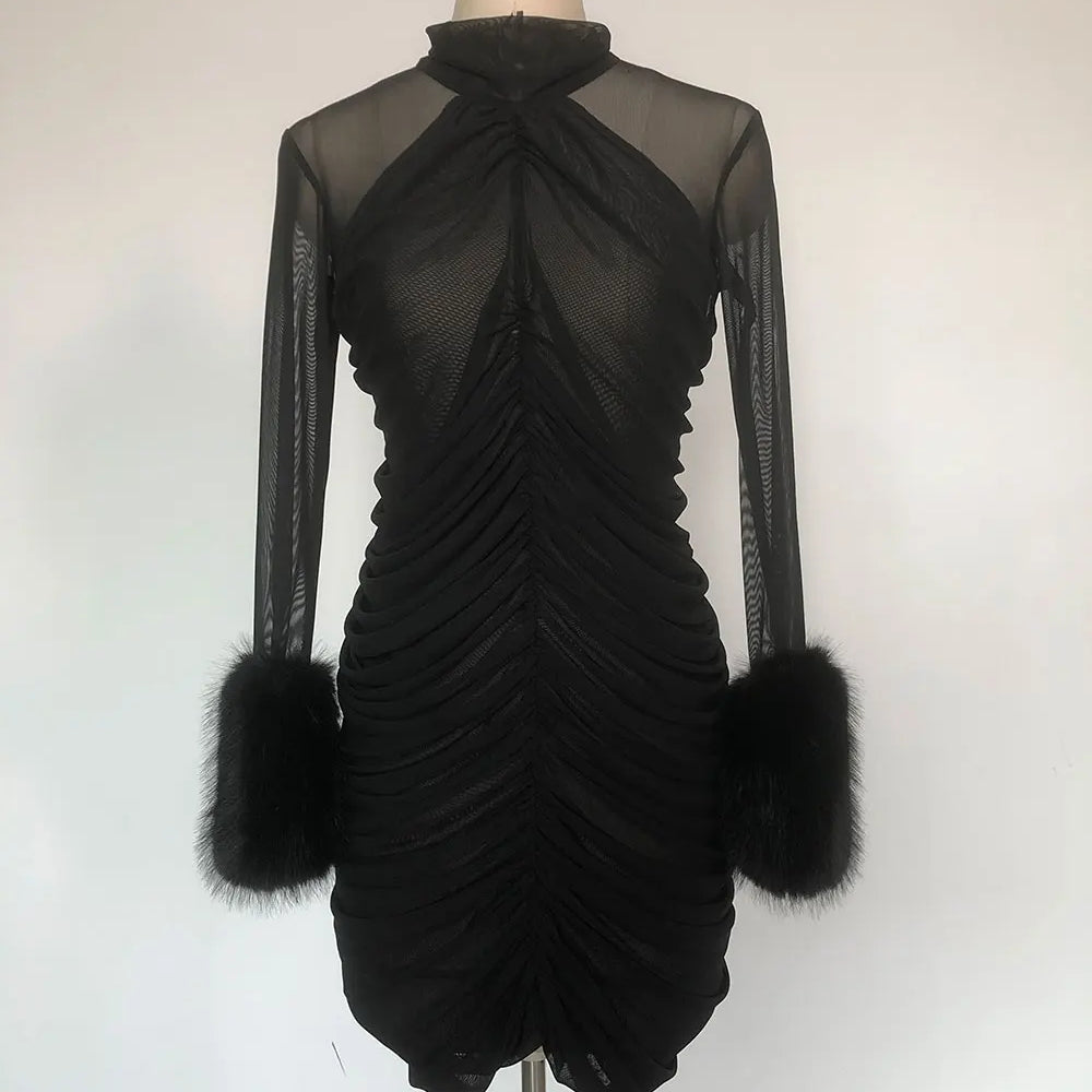 2025 Sexy Women's Patchwork Mesh Dress with High Collar and Hairy Sleeve Design Bodycon Draped Mini Dress Evening Party Vestidos black