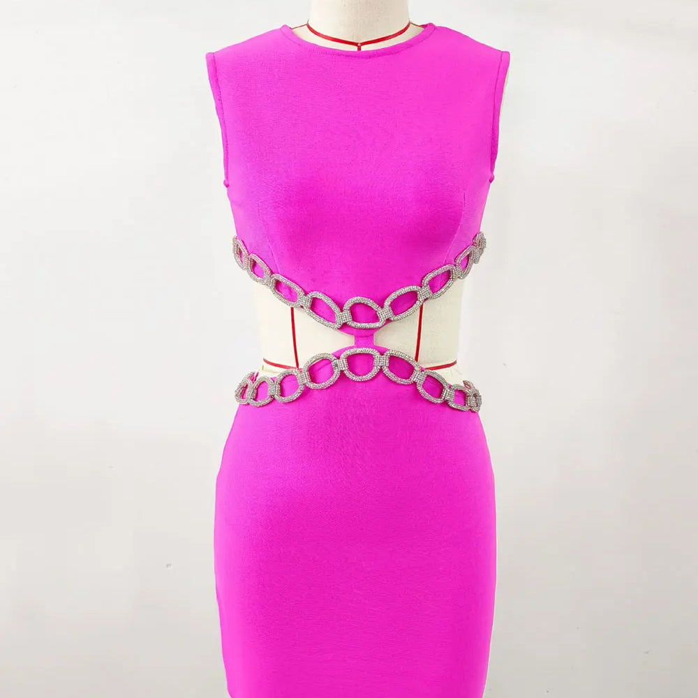2024 Sexy Women's Waist Set with Diamond Chain Design Bandage Dress O-Neck Sleeveless Bodycon Bareback Mini Dress Party Vestidos Fuchsia