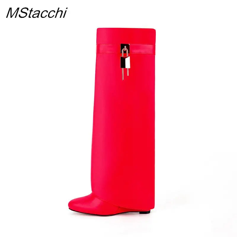 Lock Metal Buckle Women Knee High Boots Wedges Shoes For Woman Punk Style Round Toe Zipper Cowboy Boots Trend 2025 Female Shoes Red