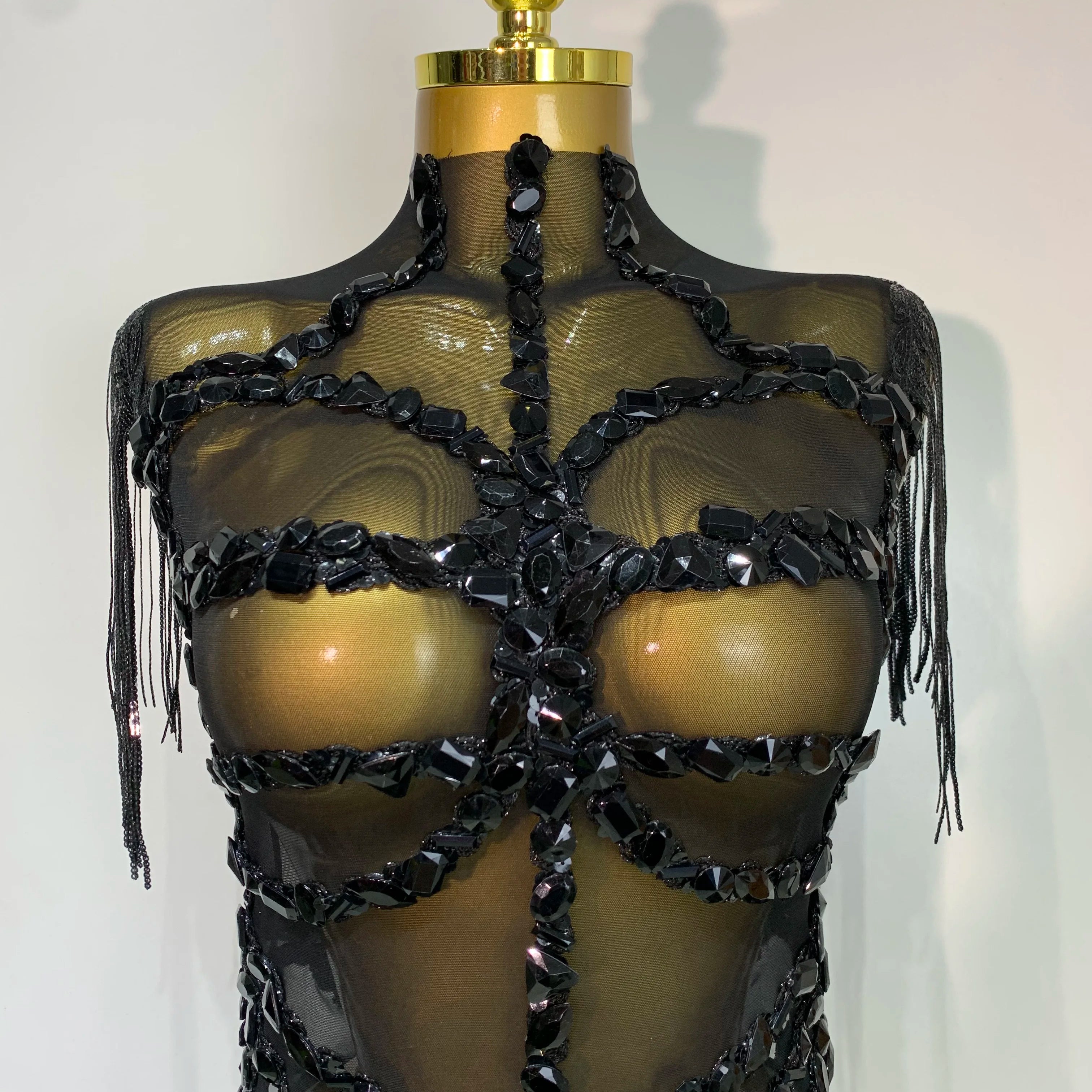 Sexy Mesh SeeThrough Black Rhinestone Bodysuit Singer Dancer Show Stage Outfit Celebrate Birthday party Club Performance Waer