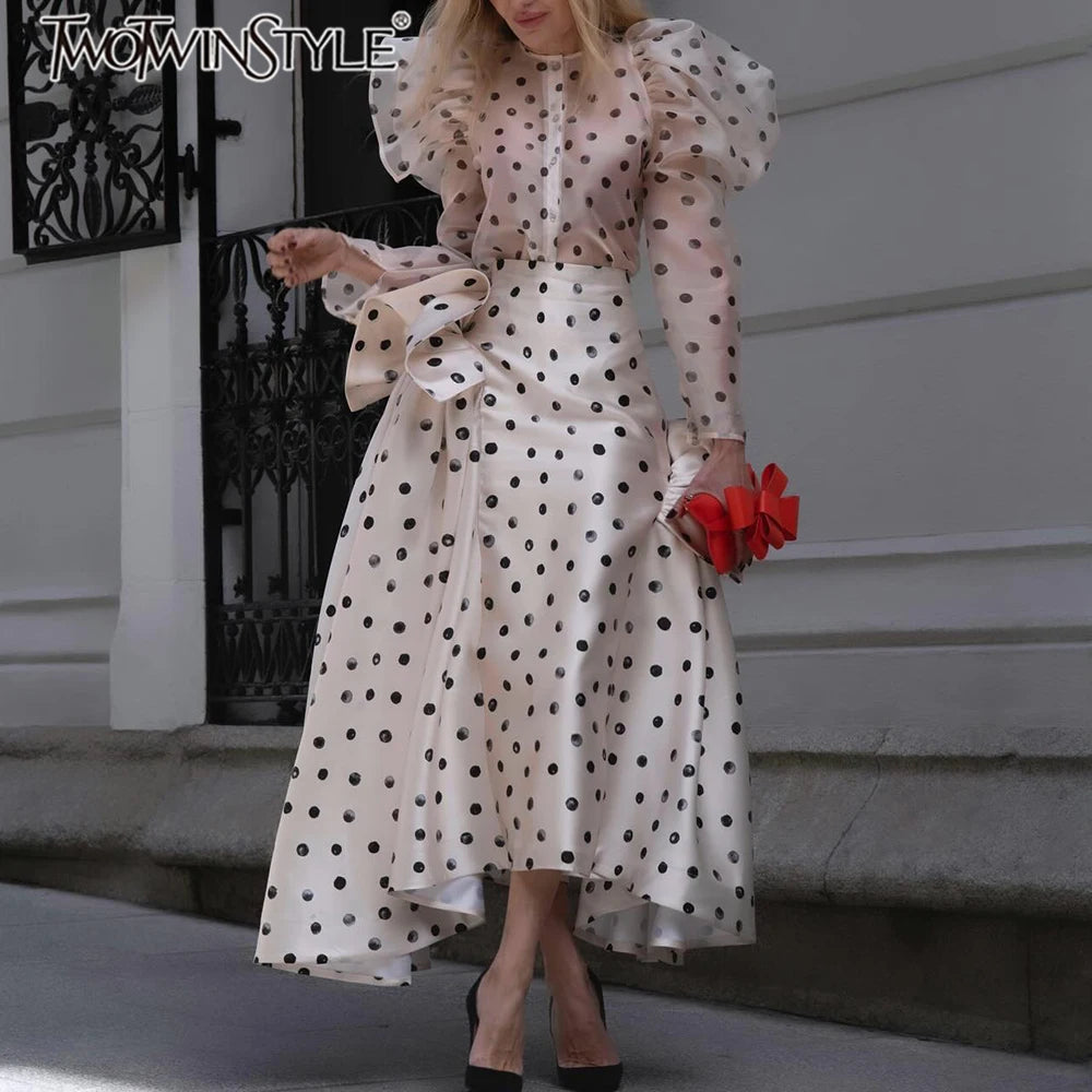 Hit Color Sheer Spliced Wave Point Two Piece Sets for Women Round Neck Long Sleeves Top High Waist Skirt Set Female