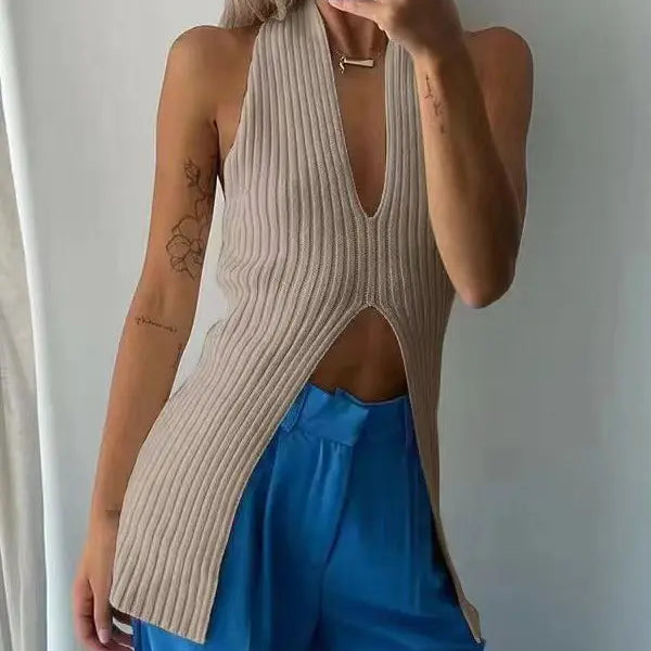 Heliar Women Ribbed Chic Design Tank Top Women Knitted Halter Sexy Tops Camis Tube Tops Women Summer KHAKI F Fit 40-60kg