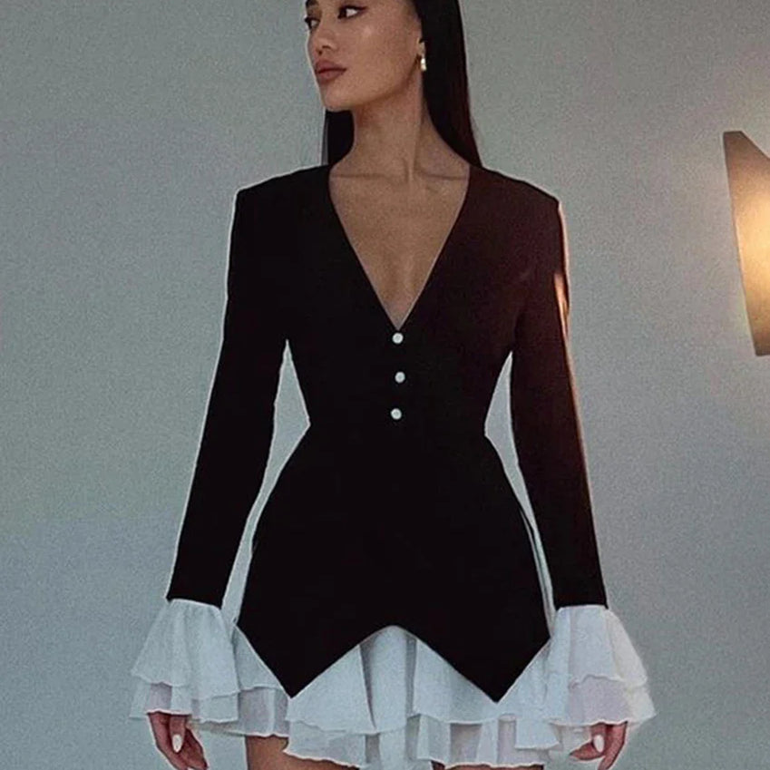 Clacive Sexy Slim Black Women'S Dress Bodycon V-Neck Long Sleeve Mini Dresses Elegant Patchwork Ruffle Female Dress Robe