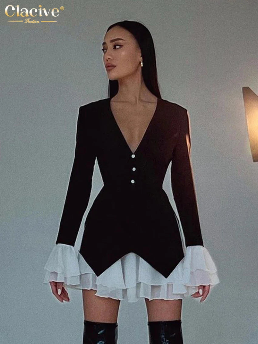 Clacive Sexy Slim Black Women'S Dress Bodycon V-Neck Long Sleeve Mini Dresses Elegant Patchwork Ruffle Female Dress Robe